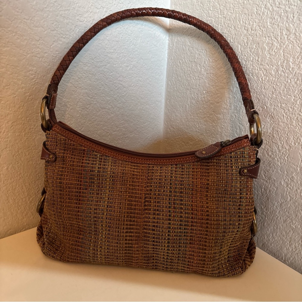 Fossil Multicolored Fabric Brown Leather Rope Handle Shoulder Bag